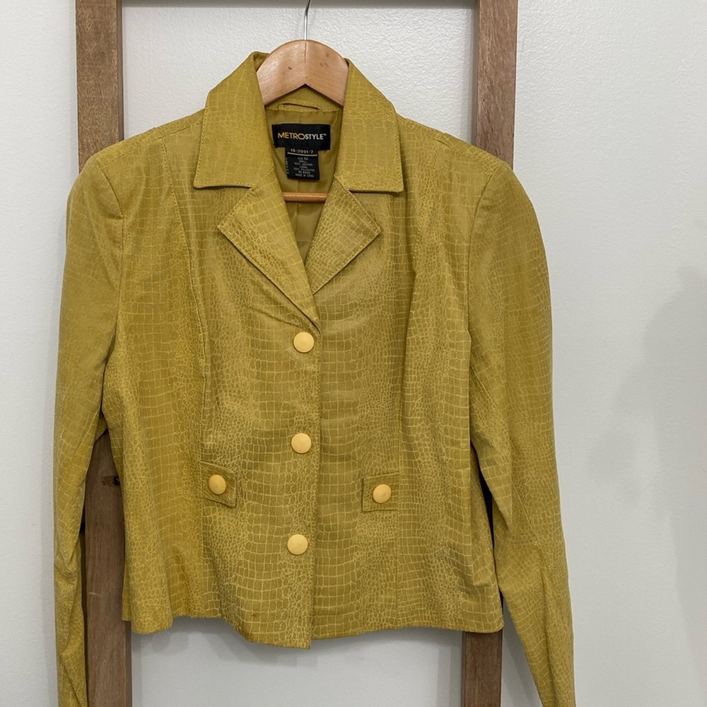 VINTAGE Size 10 Mustard Yellow Leather Jacket|Croc Print Notched Collar Jacket